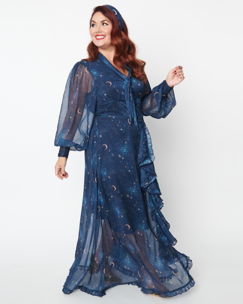 Front of a model wearing a size 4X/22-24 Unique Vintage Plus Size Navy & Golden Galaxy Neck Tie Maxi Dress in Navy & Golden Galaxy by Unique Vintage. | dia_product_style_image_id:269914